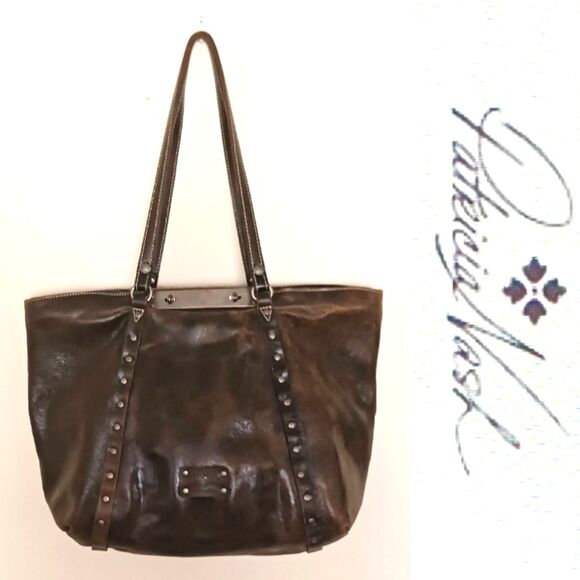 Patricia Nash Handbags - Patricia Nash Benvenuto Bark Brown Distressed Italian Leather Lg Tote Studs
